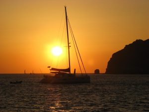 boat, catamaran, sunset, greece, nature, santorini