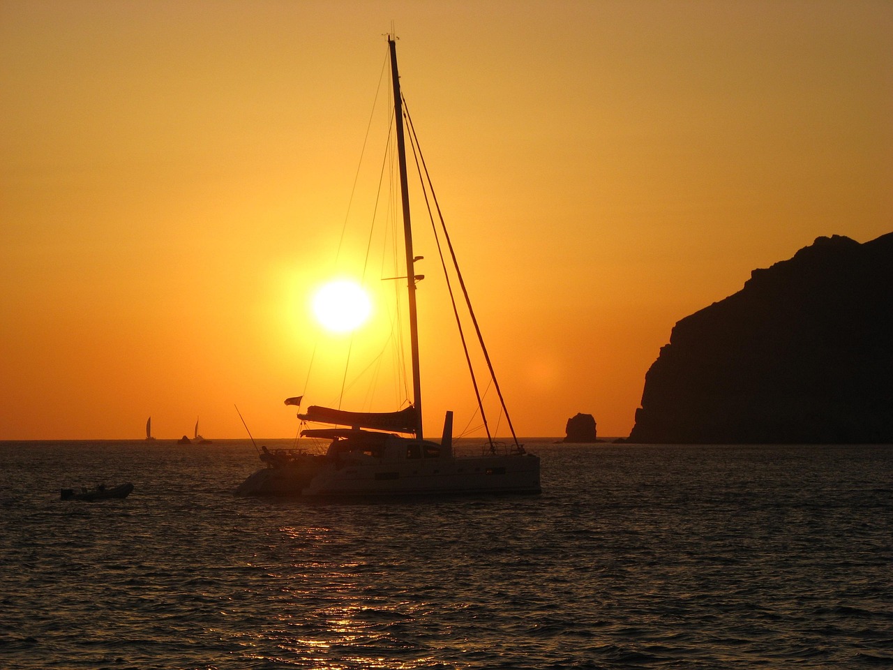 boat, catamaran, sunset, greece, nature, santorini