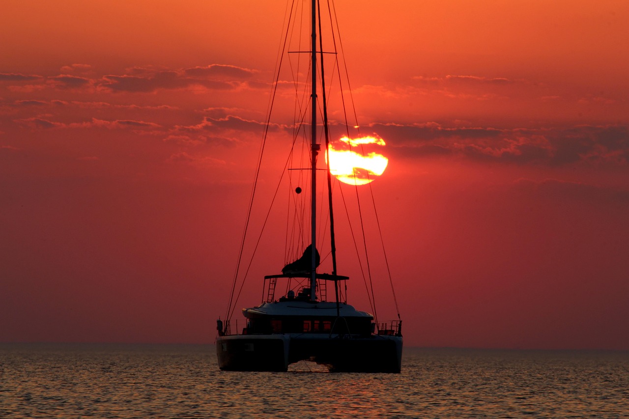 baltic sea, sunset, dusk, catamaran, sea, nature, boat, evening atmosphere, evening sky, sailboat, sailing, twilight