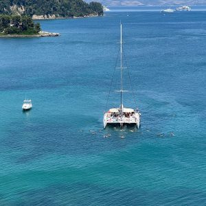 Stunning aerial view of catamaran and motorboat in crystal-clear sea near scenic coastline.